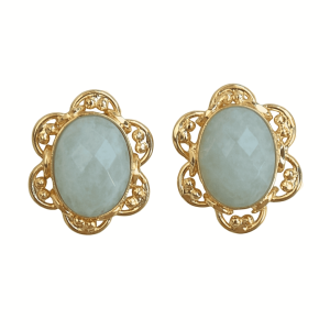 Boucles d'oreilles clous vintage plaquées or en forme de fleur pour femme, bijoux fantaisie en alliage avec serti clos et pierre d'amazonite - Product Image 1