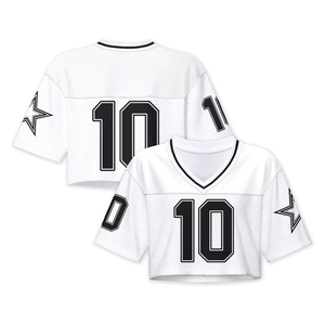 Top corto de malla para mujer, cuello en V, manga corta, estampado de estrellas número 10, estilo deportivo, transpirable, blanco - Product Image 1