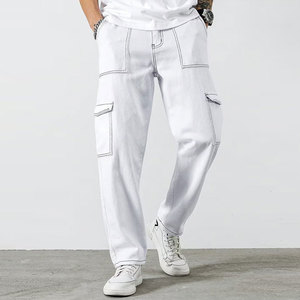 Pantalon cargo blanc pour hommes, taille élastique, plusieurs poches, style décontracté, tissu en toile respirant, vêtements de printemps - Product Image 1