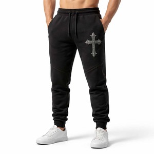 กางเกงวอร์มขายาวสีดำสำหรับผู้ชาย พิมพ์ลายกราฟิก ผ้าฝ้ายผสม ทรงเข้ารูป สตรีทแวร์ กางเกงลำลองมีกระเป๋าแบบมีเชือกผูก - Product Image 1
