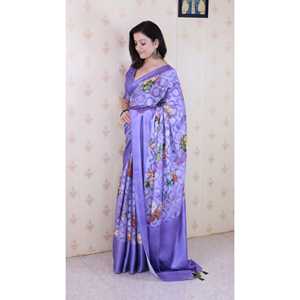 Sari de Georgette Violeta para Mujer con Blusa y Camisa Suave y Elegante con Estampado Floral y Tejido Zari - Product Image 3