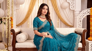 AARA Fashion Sari de Seda Azul Verdoso con Borde Bordado y Blusa para Boda, Elegante, Largo hasta el Suelo, Ropa India y Pakistaní para Mujer - Product Image 3