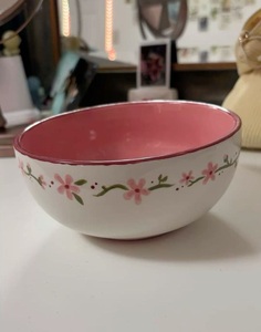 Luxury Ceramic Serving Bowl Elegant <b>Pink</b> Glazed Interior Floral Rim Detailing for Chic Table Presentation and Dining - Product Image 2