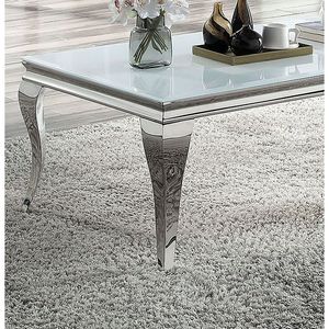 Elegante Tavolino da Caffè Contemporaneo con Piano in Vetro Bianco e Gambe in Acciaio Inox Stile Cabriole Colore Argento per Soggiorno - Product Image 4