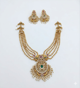 Conjunto de Collar de Latón Chapado en Oro Antiguo con Diseño de Pavo Real, Joyería Tradicional India para Novias, Conjunto de Joyas de Varias Capas con Circonitas, Pendientes para Bodas y Fiestas - Product Image 1