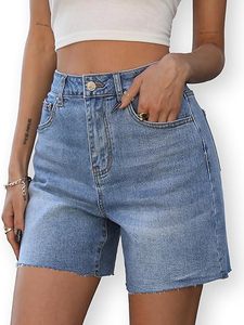 Shorts de mezclilla de cintura alta con dobladillo deshilachado y pierna ancha para mujer, shorts de jean casuales de moda para verano - Product Image 1