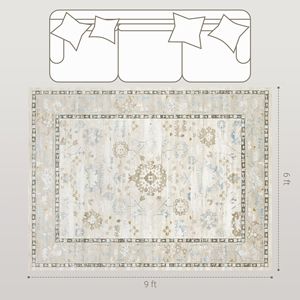 Tapis d'intérieur bohème bleu 6x9, lavable en machine, à poils moyens, effet 3D, pour salon, chambre, salle à manger, cuisine - Product Image 3
