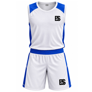 Ensemble de maillot de basket-ball blanc et bleu sans manches, col en V, en mesh respirant, unisexe, pour adulte, vêtements de sport, impression sublimée, logo BS - Product Image 2