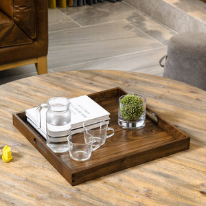 Luxury Dark Brown Mango Wood Decorative Tray <b>Square</b> Solid Wood Serving Tray With Handles For Home Coffee Table - Product Image 2