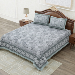 Heritage King Size Cotton Bedsheet Grey Blue Floral Hand <b>Block</b> Print <b>Bed</b> Sheet with 2 Pillow Covers - Product Image 1