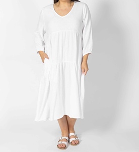 Robe longue décontractée à volants en lin et coton, col en V, coupe trapèze, manches 3/4 personnalisées, style estival naturel - Product Image 6