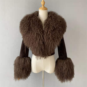 Veste en cuir d'agneau véritable de luxe, courte, douce, avec grand col en fourrure de mouton de Mongolie, sur mesure, pour femmes, en daim d'agneau, pour l'hiver - Product Image 1