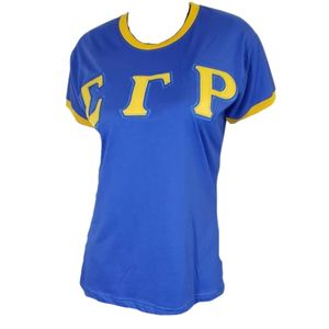 Camiseta de la Hermandad Sigma Gamma Rho, Azul, para Mujer, Manga Corta, Cuello Redondo, con Gráfico de Letras Griegas, Informal, Personalizada - Product Image 1