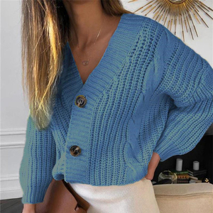 Women's V-neck Knitted <b>Cardigan</b> Crop Lantern Sleeve Three Quarter Sleeve Solid Color <b>Button</b> Closure Casual Autumn Sweater - Product Image 3