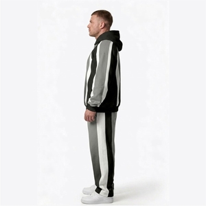 Ensemble de survêtement en molleton gris dégradé pour homme, avec logo personnalisé, sweat à capuche et pantalon de jogging, panneaux contrastants, style streetwear, deux pièces - Product Image 5