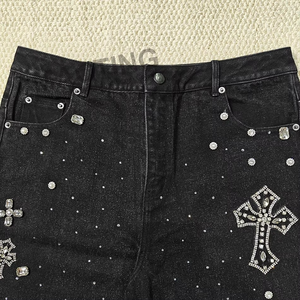 Pantalones cortos de mezclilla personalizados para hombre, estilo oversize, lavado ácido, con diamantes de imitación y pedrería, estilo streetwear, holgados, Verano 2026 - Product Image 6