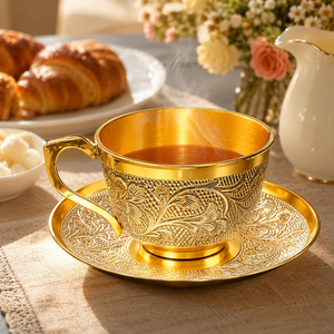 Handcrafted Brass <b>Tea</b> and Coffee <b>Cup</b> with Saucer <b>Set</b> Vintage Gold and Silver Engraved Metal Drinkware Royal Decorative Tableware - Product Image 3
