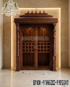 Puerta de Madera de Teca Estilo del Sur de la India para Sala de Pooja con Pilares de Elefante, Diseño Tradicional Profesional - Product Image 2