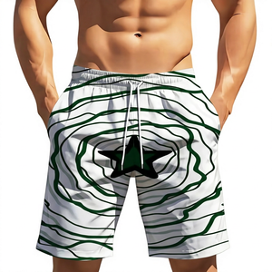 <b>Men's</b> White Green Geometric Pattern Board Shorts Mid Waist Drawstring Quick Dry Casual Swim <b>Trunks</b> - Product Image 1
