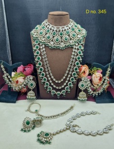 Conjunto nupcial de piedras Kundan sin tallar, gargantilla pesada, collar largo en capas, pendientes Jhumka, colección de joyería nupcial chapada en oro antiguo - Product Image 2