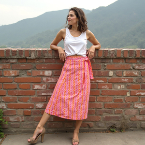 กระโปรงผ้าฝ้ายสีชมพูพีชสำหรับผู้หญิงดีไซน์เรขาคณิตระบายอากาศได้ดีเป็นมิตรกับสิ่งแวดล้อมซักด้วยมือ/ซักเครื่องได้แบบสบายๆตลอดทั้งวัน - Product Image 2