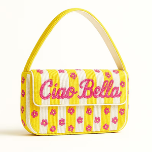 Bolso de Mano de Paja a Rayas Ciao Bella con Flores Rosas, Forma de Sobre, Correa Única, Bolso de Moda para Mujer - Product Image 1