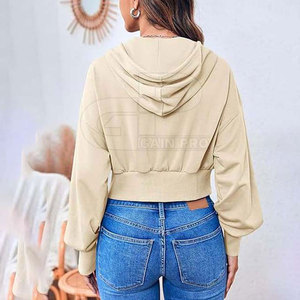Ladies Cropped Zipper Hoodies Drop Shoulder Hooded <b>Tops</b> Long Sleeve Cotton Blend <b>Zip</b> <b>Front</b> Cuffs Casual Street Fashion Wear - Product Image 3