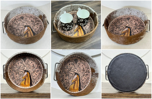 Plateau de service rond en cuir de vache véritable fait à la main avec un motif floral de cheval gravé, plateau de décoration d'intérieur en cuir rustique de style western avec poignées - Product Image 3