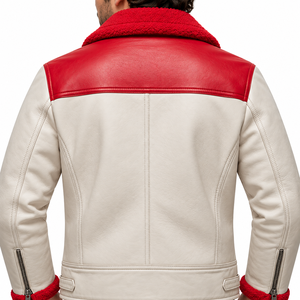 Veste de moto pour homme en cuir véritable blanc et rouge, respirante, coupe-vent, avec doublure, col rabattable, fermeture éclair, coupe régulière, pour l'hiver - Product Image 6