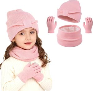 Conjunto de 3 Piezas de Gorro, Bufanda y Guantes de Punto para Niñas, Color Rosa con Lazo, Acrílico, Conjunto Abrigado para Niños - Product Image 1