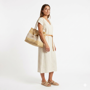 Sac fourre-tout tissé en plastique recyclé 100 % fait main, écologique, couleur naturelle et blanche, en matière plastique recyclée - Product Image 5