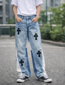 Jeans en denim coupe droite personnalisés pour hommes, motif croisé, haute qualité, décontractés, taille haute, respirants, couleur unie, automne-été - Product Image 1