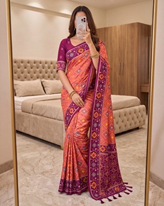 Leranath Fashion Traditional Indian Wedding <b>Saree</b> <b>Women</b> Patola Printed Polyester Purple Border Tassels Floor Length Regular Fit - Product Image 1
