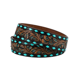 Nuevo Cinturón de Cuero Marrón Oscuro Hecho a Mano para Hombre y Mujer con Diseño Floral de Diamantes Turquesa y Hebilla Plateada Estilo Occidental - Product Image 2
