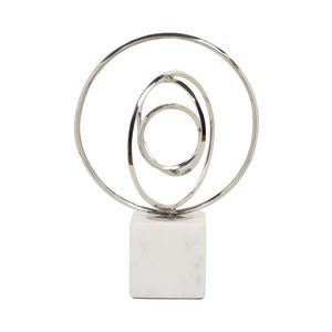 Sculpture géométrique contemporaine en métal argenté sur socle en marbre blanc, décoration intérieure en gros, art de bureau et d'hôtel - Product Image 1