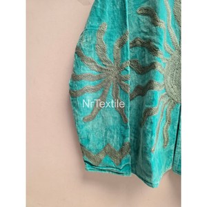 Turquoise Velvet Blouson Jacket Mandarin Collar Full Sleeve Hand Embroidered Sun Pattern Autumn Women's <b>Coat</b> - Product Image 6