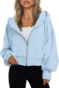 Sweat-shirt zippé à capuche oversize, coupe courte, couleur unie, manches longues, en polaire, grande taille, haut décontracté pour femme, automne - Product Image 2