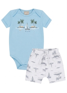 Ensemble bébé 2 pièces imprimé plage tropicale : body à manches courtes et short à cordon en coton doux – Tenue pour nourrisson – Vente en gros OEM - Product Image 2
