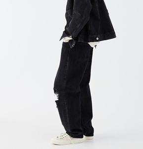 Jeans de mezclilla rasgados de pierna ancha para hombre, corte regular, estilo urbano, color negro, transpirables, lavados, ecológicos, para invierno - Product Image 2