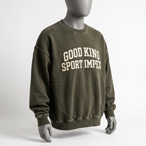 <b>Mens</b> Washed Olive <b>Green</b> Crewneck Sweatshirt Vintage Beige Arch Letter Embroidered Heavy Fleece Acid Wash Pullover <b>Jumper</b> Trading - Product Image 5