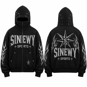เสื้อฮู้ดดี้โอเวอร์ไซส์สตรีทแวร์สีดำ พิมพ์ลายเปลวไฟและดาวสีเงิน สำหรับผู้ชาย - Product Image 2