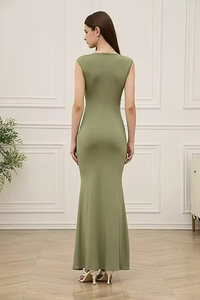 Factory Customized Elegant Silk Satin <b>Boat</b> Neck Maxi Dress Elegant High Thigh Bodycon Sleeveless Maxi Dress - Product Image 4