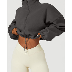 Sudadera de Forro Polar Oversize para Mujer, con Cierre, Cuello Alto, Hombros Caídos, Manga Larga, Estilo Corto, para Invierno, Color Sólido, OEM ODM - Product Image 5