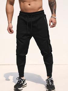 Men's Black Cargo Sweatpants Mid Waist Drawstring Casual Joggers Pockets Autumn Wear Loose Fit Knitted Corduroy Polyester/Cotton - Product Image 2