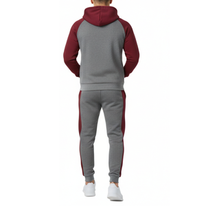 OEM <b>Mens</b> Tracksuit <b>Burgundy</b> Grey Color Block Raglan <b>Hoodie</b> with trouser Sportswear OEM Manufacturer - Product Image 2