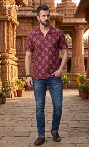 Best Fabric Cotton with All-Over Ganesha Print Half-Sleeve <b>Shirt</b>-Collar Short-Kurta <b>Man's</b> Collection <b>Indian</b> Supplier - Product Image 6