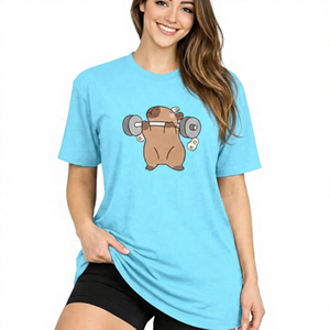 <b>Cute</b> Cartoon <b>Bear</b> Lifting Dumbbells Printed Black Short Sleeve T-Shirt Regular Fit O-Neck Casual Men's Jersey Cotton Top - Product Image 4