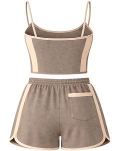 Taupe Beige Women Camisole And Shorts <b>Set</b> Summer Two Piece Outfit Cotton Blend Crop Top Embroidered Daisy Drawstring Shorts - Product Image 2
