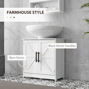 Mobiletto da Bagno Stile Rustico con Lavabo Integrato, 2 Ante Scorrevoli e Ripiano Regolabile, Colore Bianco - Product Image 5