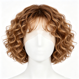 Perruque courte bouclée synthétique avec dentelle frontale, mèches brunes, en fibre résistante à la chaleur, pour femme, usage quotidien - Product Image 5